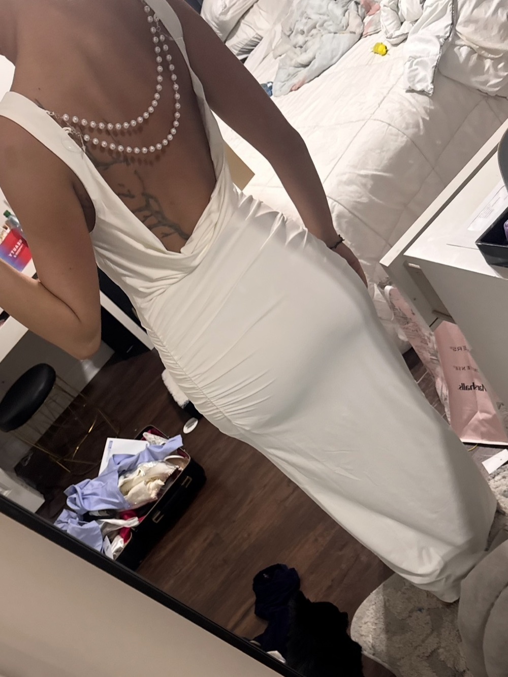 White Pearl Backless Cowl Neck Dress - Picture 3 of 4